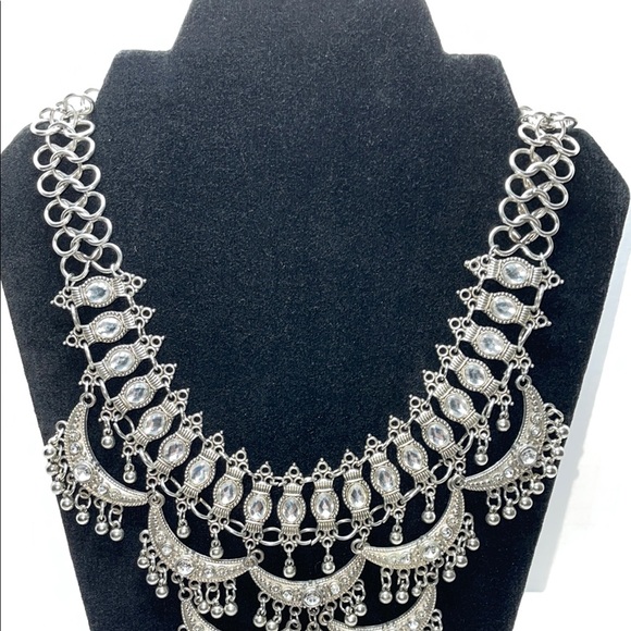 Silver Tone Statement Necklace with rhinestones and dangling beads - Picture 3 of 11